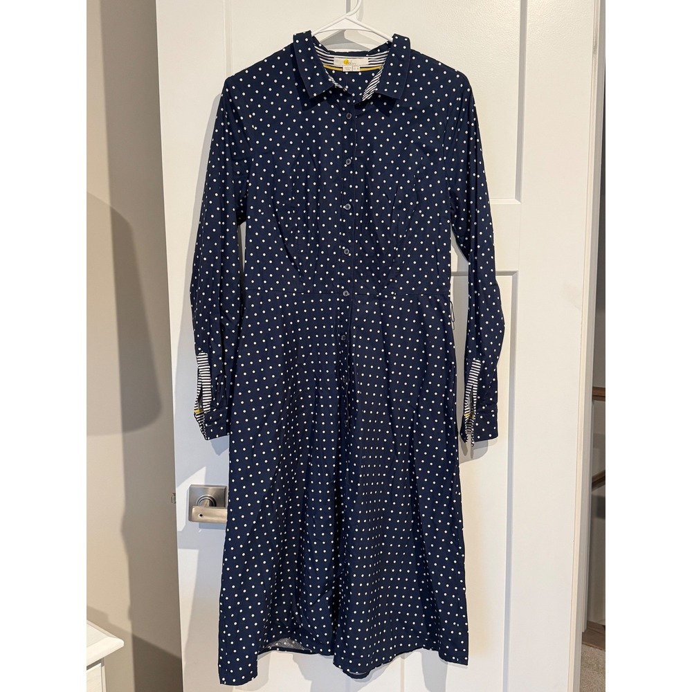 Boden, Size 8L Navy Blue Polka Dot Midi Shirt Dress